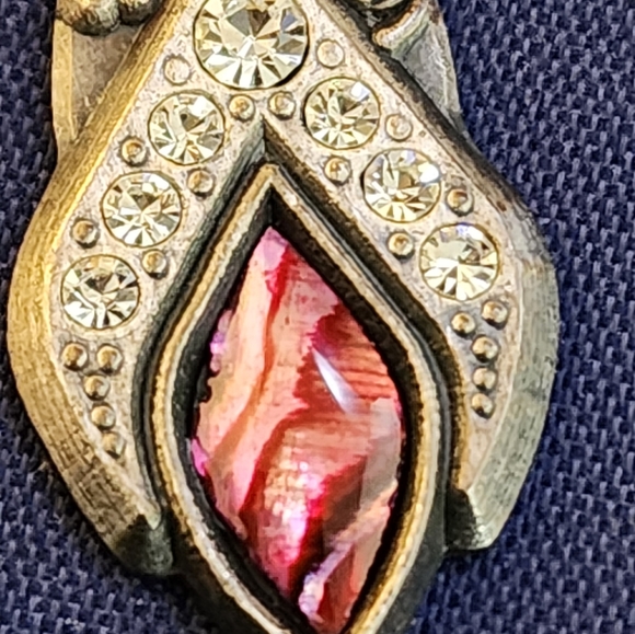 1980s Duri Abalone Shell Rhinstone Pewter Dangle Chandelier Pierced Earrings - Picture 6 of 11